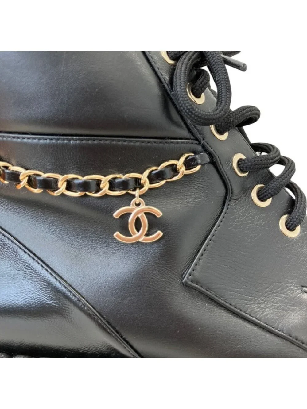 Chanel CC Logo Chain Decoration Lace Up Boots 37.5 Black